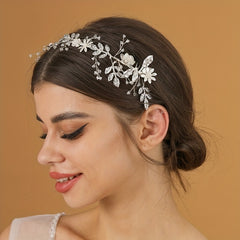 Crystal Faux Pearl Headband Tiara Silvery Flower Rhinestone Hairband