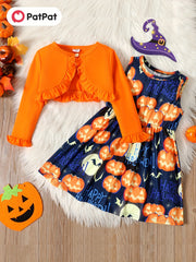2pcs Toddler Girls Halloween Sets - Ruffle Trim Cardigan & Pumpkin Dress