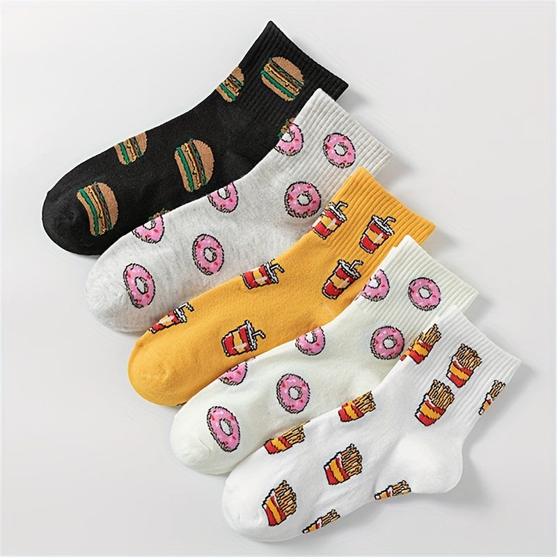 5 Pairs Cartoon Food Print Socks & Funny Mid Tube Socks Women's Stockings