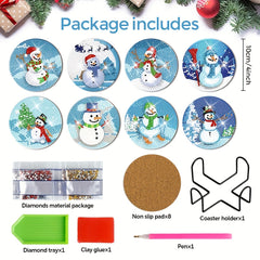 8pcs Snowman Diamond Painting Coaster Kits With Holder DIY Diamond Art