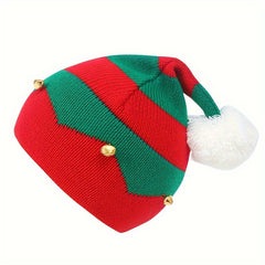 Christmas Knitted Elf Hat With Small Bells Striped Beanie Hat