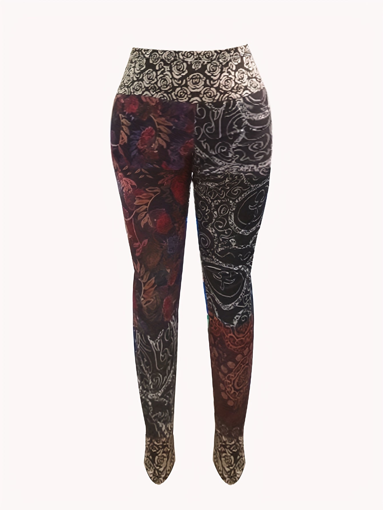 Colorblock Floral Print Leggings High Stretch Slimming Leggings