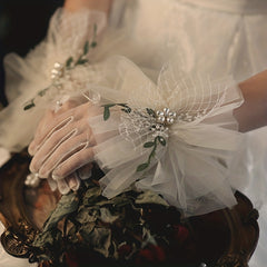Lace Transparent Gloves Faux Pearl Green Leaves Decorative Wedding Bridal Gloves