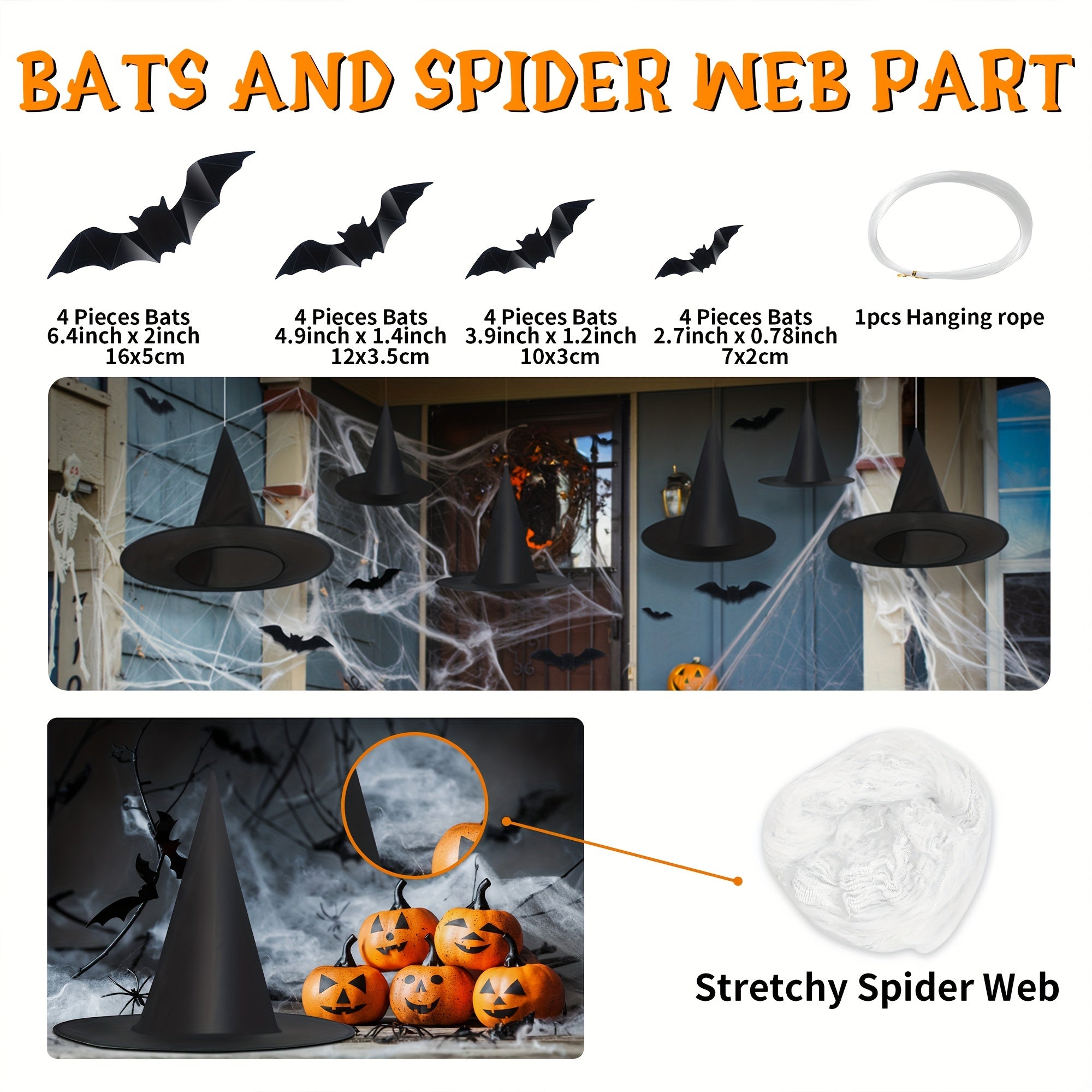5Pcs Hanging Witch Hats & 16Pcs Bats Decor Set for Halloween