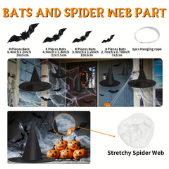 5Pcs Hanging Witch Hats & 16Pcs Bats Decor Set for Halloween