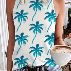 Coconut Tree Print Round Neck Plus Tank Top
