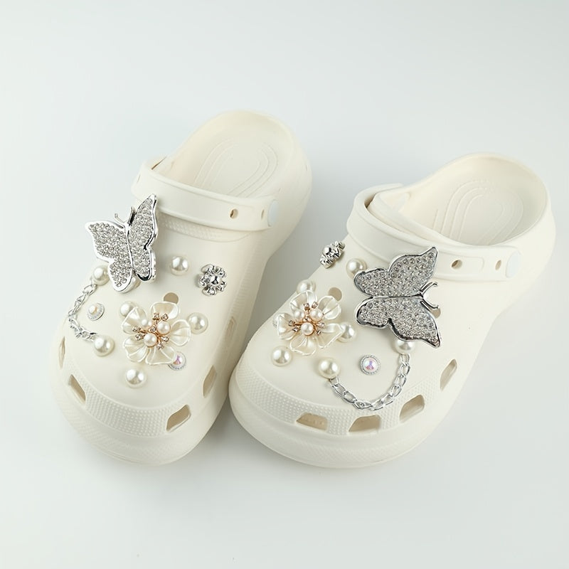 Pearl Flower Silver Butterfly Shoe Accessories Set