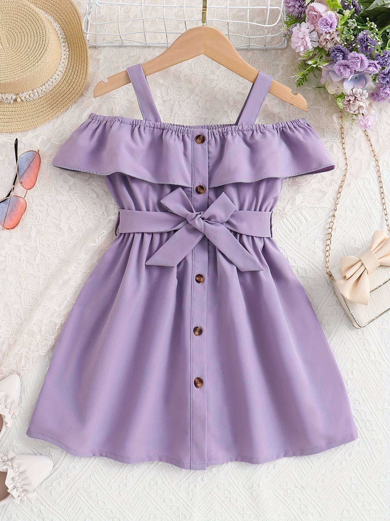Toddler Girls Ruffle Trim Cold Shoulder Dress For Party Beach Vacation