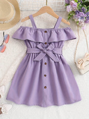 Toddler Girls Ruffle Trim Cold Shoulder Dress For Party Beach Vacation