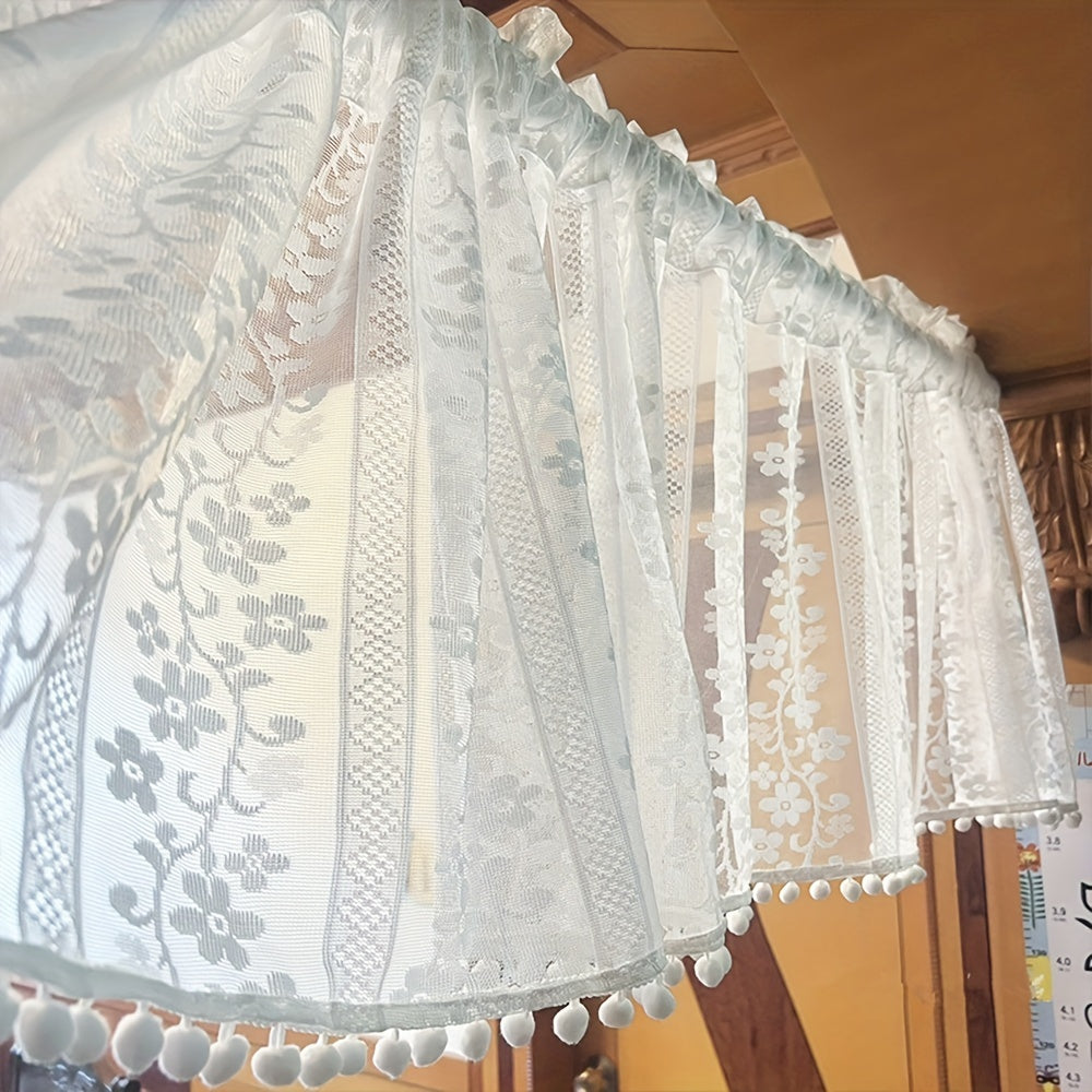 Short Sheer Floral Curtain with Pom Poms - Home Decor