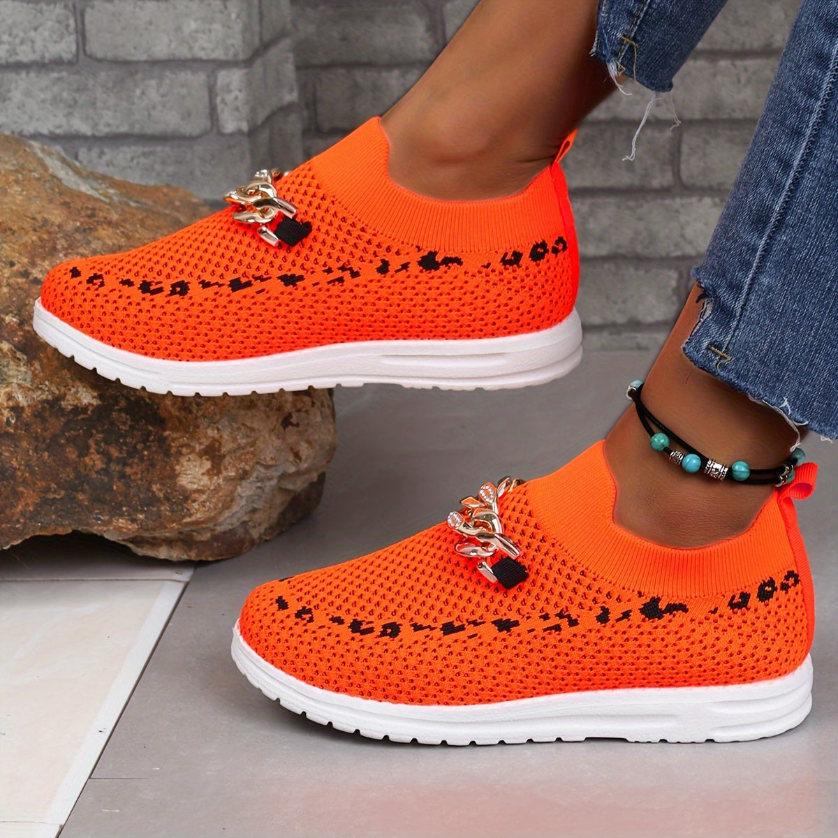 Sporty Walking Shoes Chain Decor Mesh Slip On Sneakers Women's Footwear