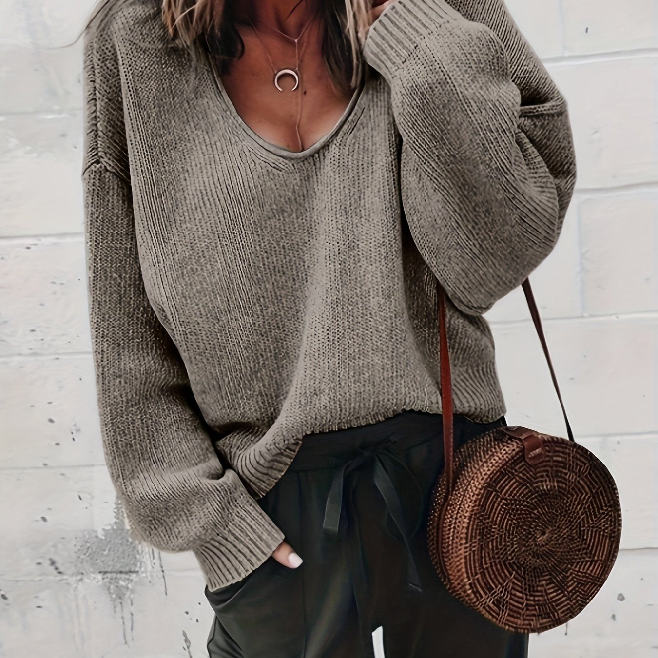 Casual Sweater Women's Plus Solid Long Sleeve V Neck Jumper