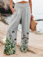 Floral Wide Leg Pants Smocked Waist Casual Women's Clothing