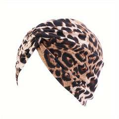 Boho Print Pleated Turban Hat Striped Head Wrap Cross Knot Stretchy Hijab Beanie