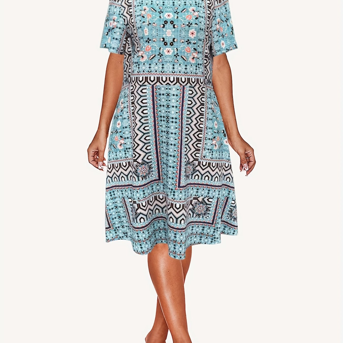 Floral Print Boho Midi Dress Short Sleeve