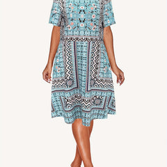 Floral Print Boho Midi Dress Short Sleeve