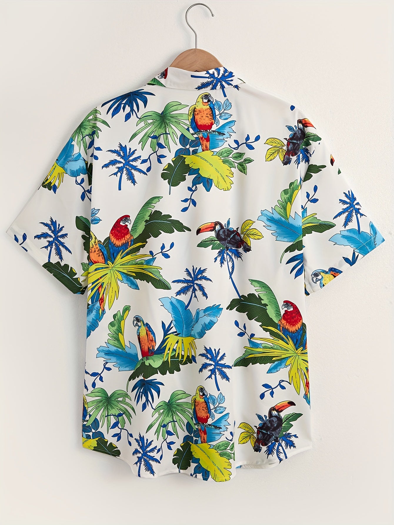 Leaves & Parrot Pattern Men's Short Sleeve Shirt for Summer
