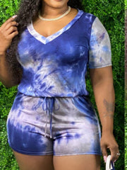 Tie Dye Print Romper Plus Size Women Medium Stretch Round Neck Jumpsuit Shorts