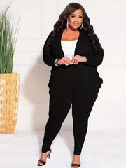 Plus Size Solid Side Ruched Long Sleeve Cardigan & Pant Set