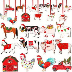 24pc Wooden Farm Animal Christmas Ornaments Cow Pig Rustic Decor Xmas Trees