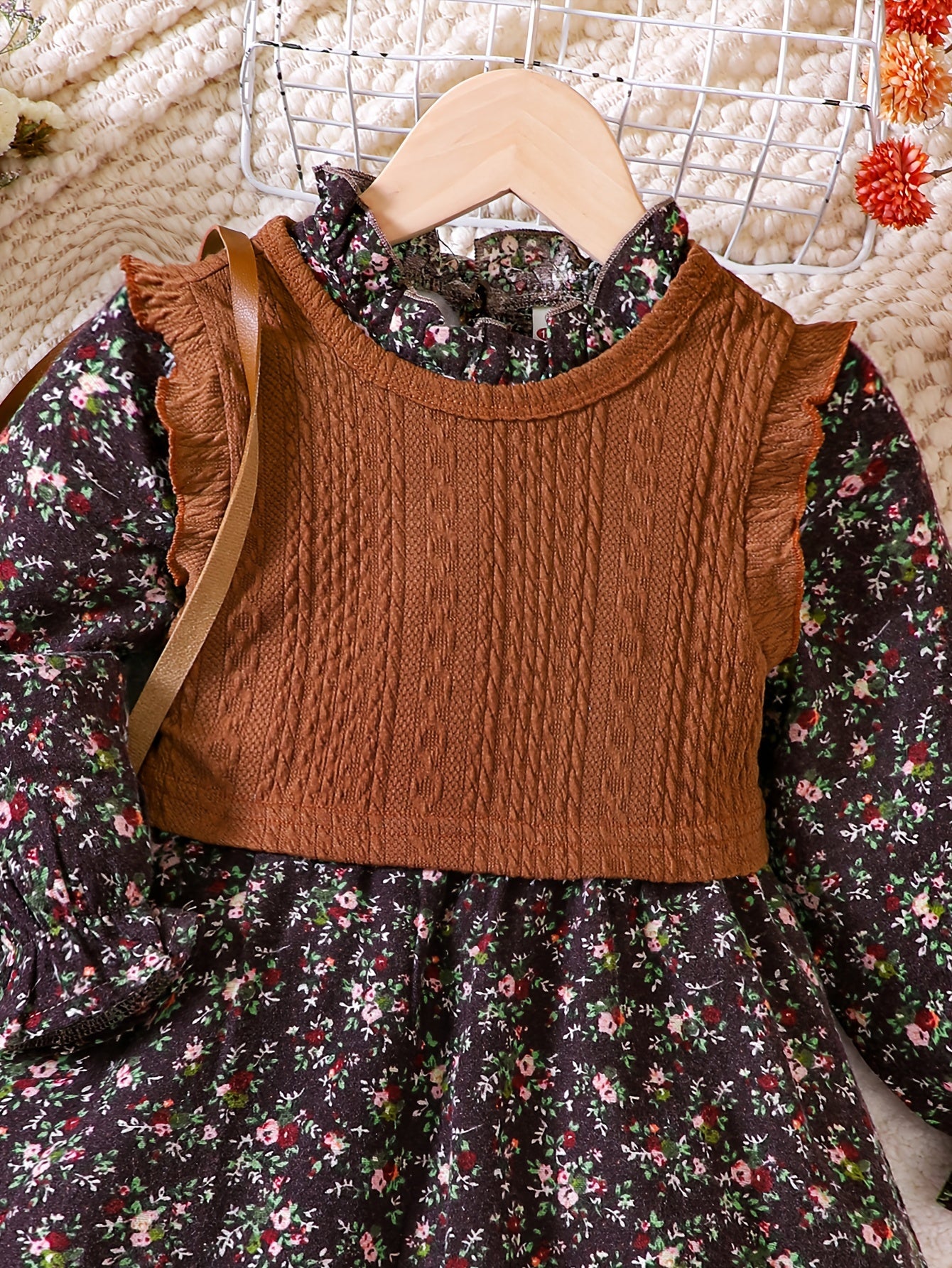 Girl's Floral Dress & Knitted Vest Set for Spring/Autumn