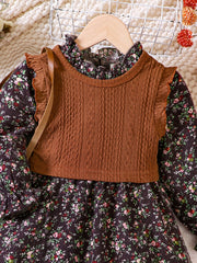 Girl's Floral Dress & Knitted Vest Set for Spring/Autumn