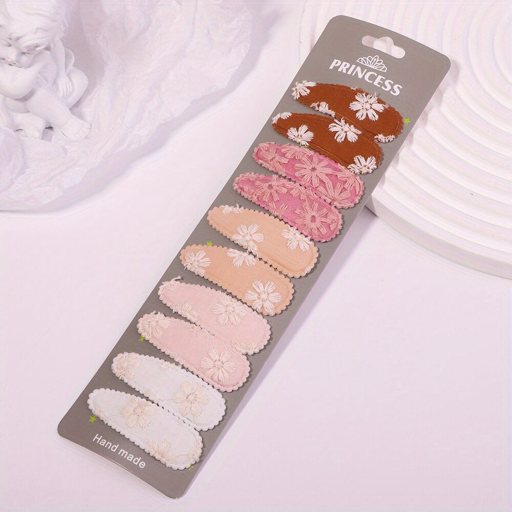 10pcs Baby Girls Embroidered Striped Plaid Floral Hair Clip Headwear
