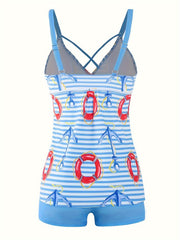 Stripe & Anchor Print V Neck Tankini Set