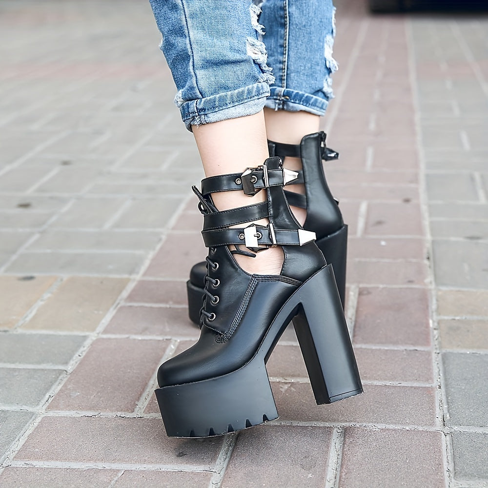 Women's Block Heeled Boots Round Toe Buckle Strap Booties