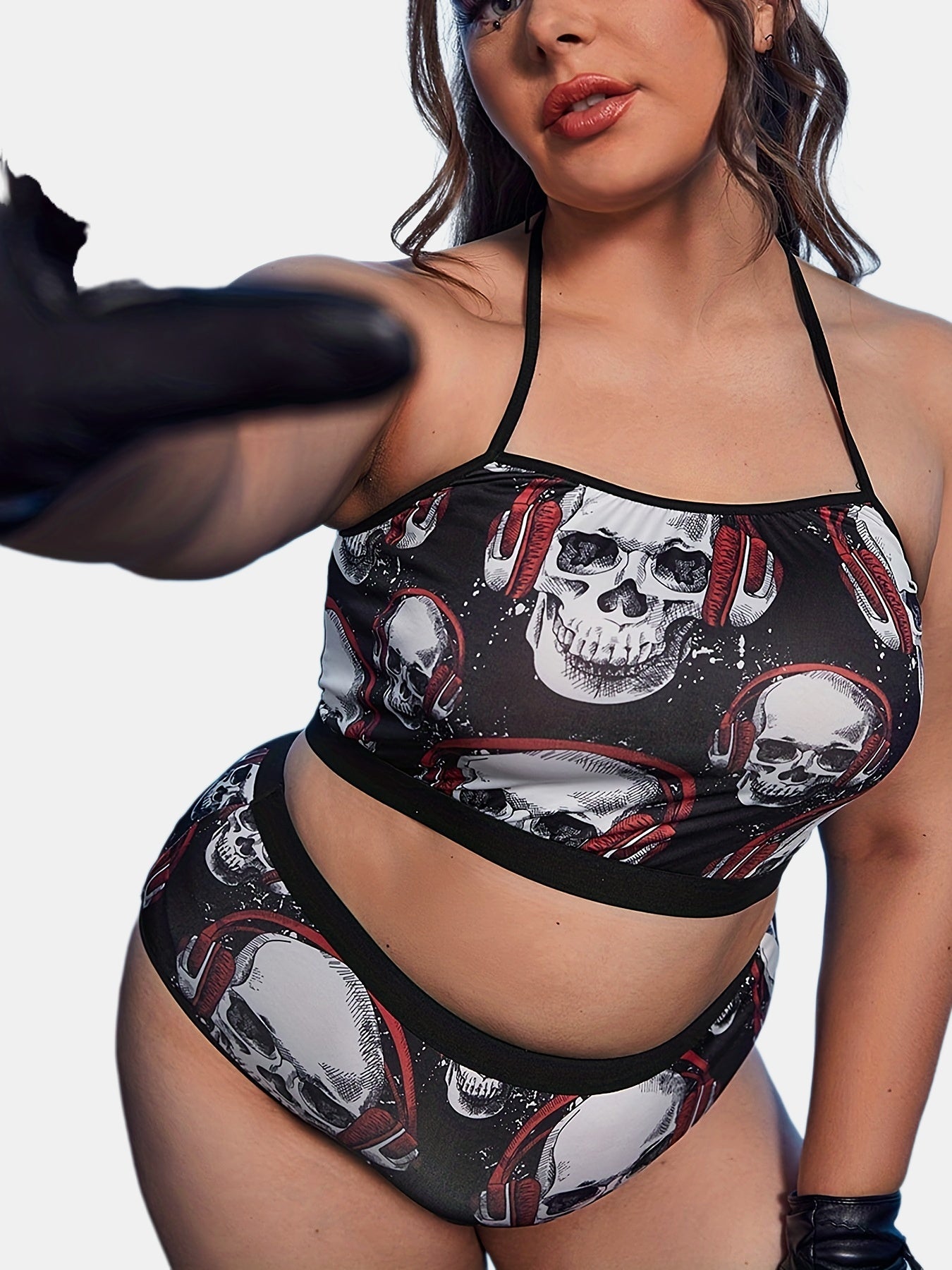 Plus Gothic Skull Halter Bra & High Rise Panty 2pcs Set