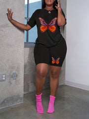 Women's Plus Butterfly Print Tee & Shorts Set - Casual 2 Piece Outfit