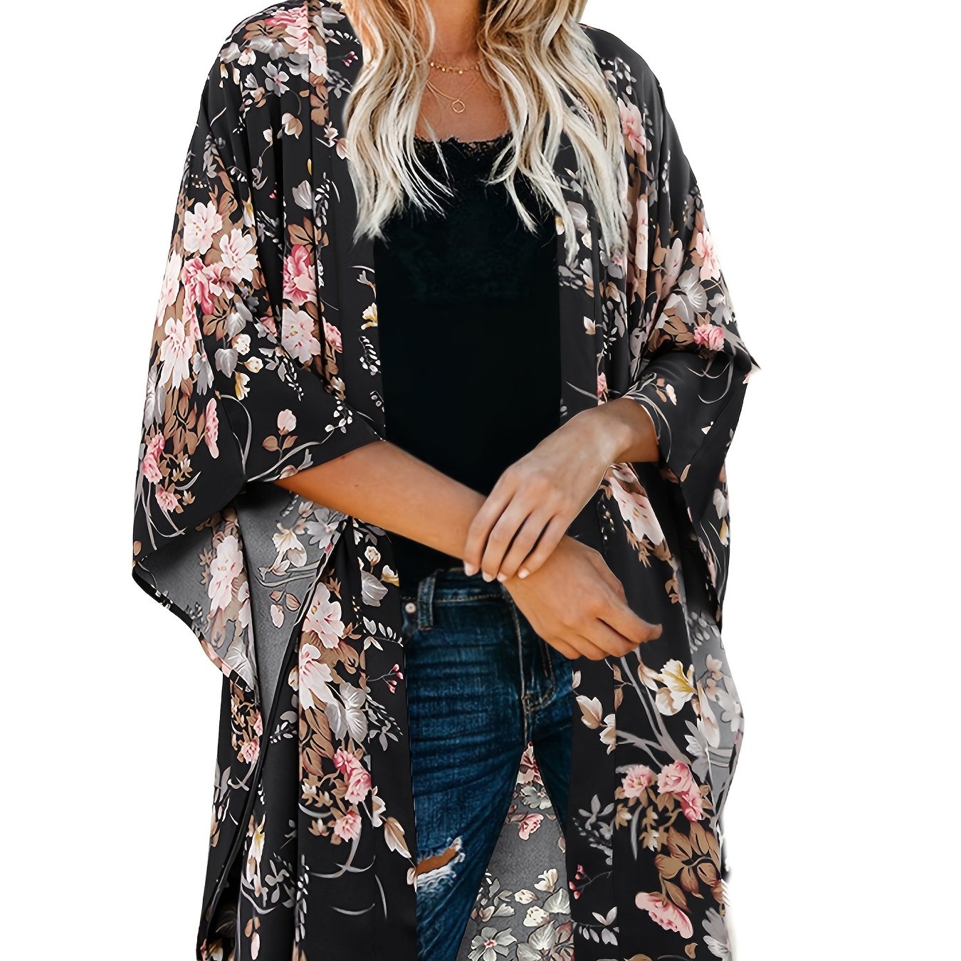 Floral Print Loose Cover Up Cardigan Kimono Sleeve