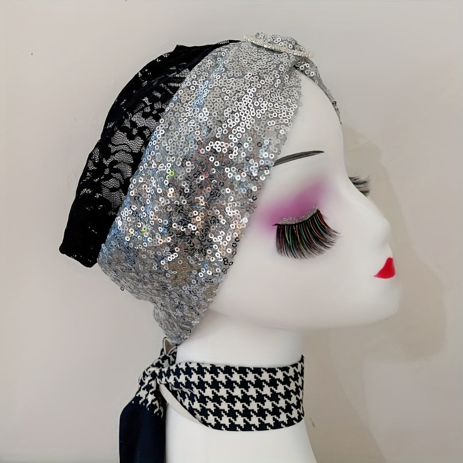 Sequin Decor Beanie Lace Bowknot Head Wrap