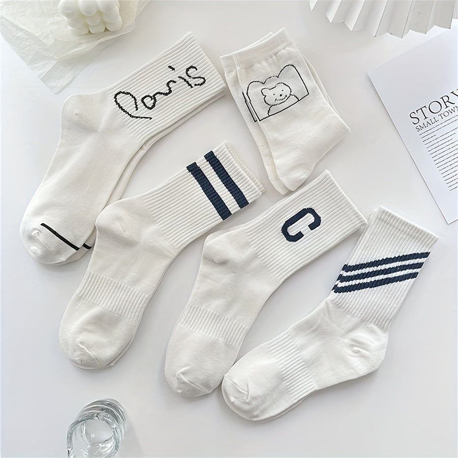 5 Pairs Letter & Striped Print Socks Breathable College Style Women's Stockings