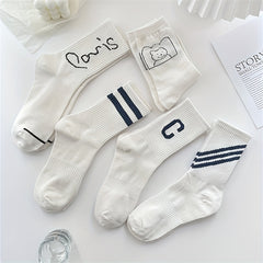 5 Pairs Letter & Striped Print Socks Breathable College Style Women's Stockings