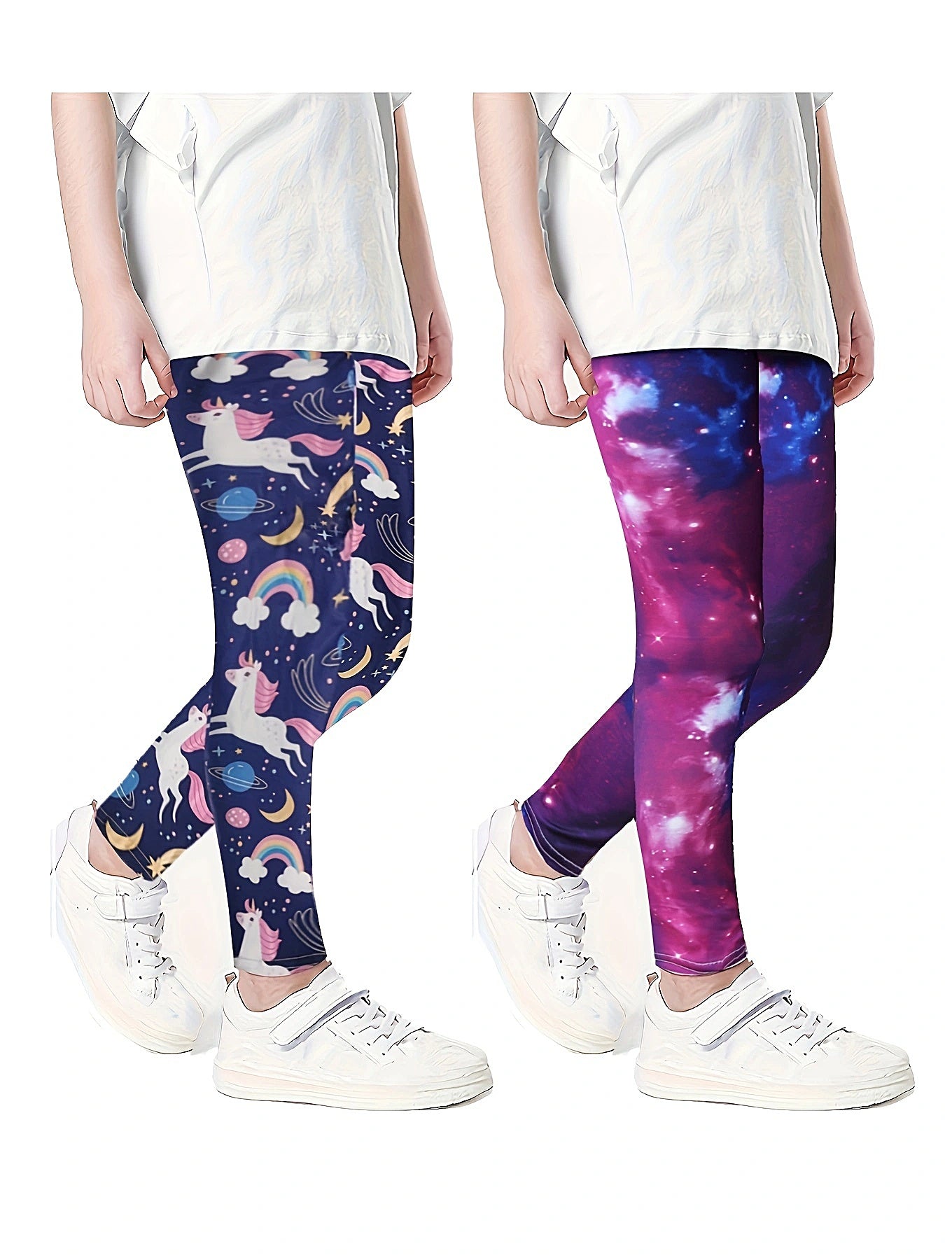 2 Pack Girls Leggings Soft Comfy Random Print Tight Fit Stretchy Pant Leggings