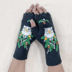 Vintage Owl Crocheted Half Finger Gloves Hand Knit Fingerless Gloves