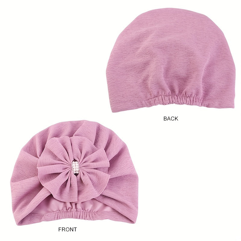 Rhinestone Bow Decor Turban Cap Solid Pleated Hijab Head Wrap
