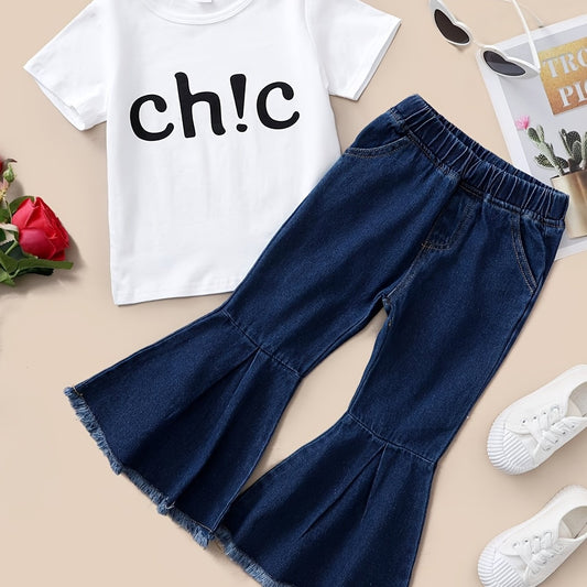 Toddler Girl's Print T shirt & Denim Pants Set for Summer