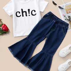 Toddler Girl's Print T shirt & Denim Pants Set for Summer