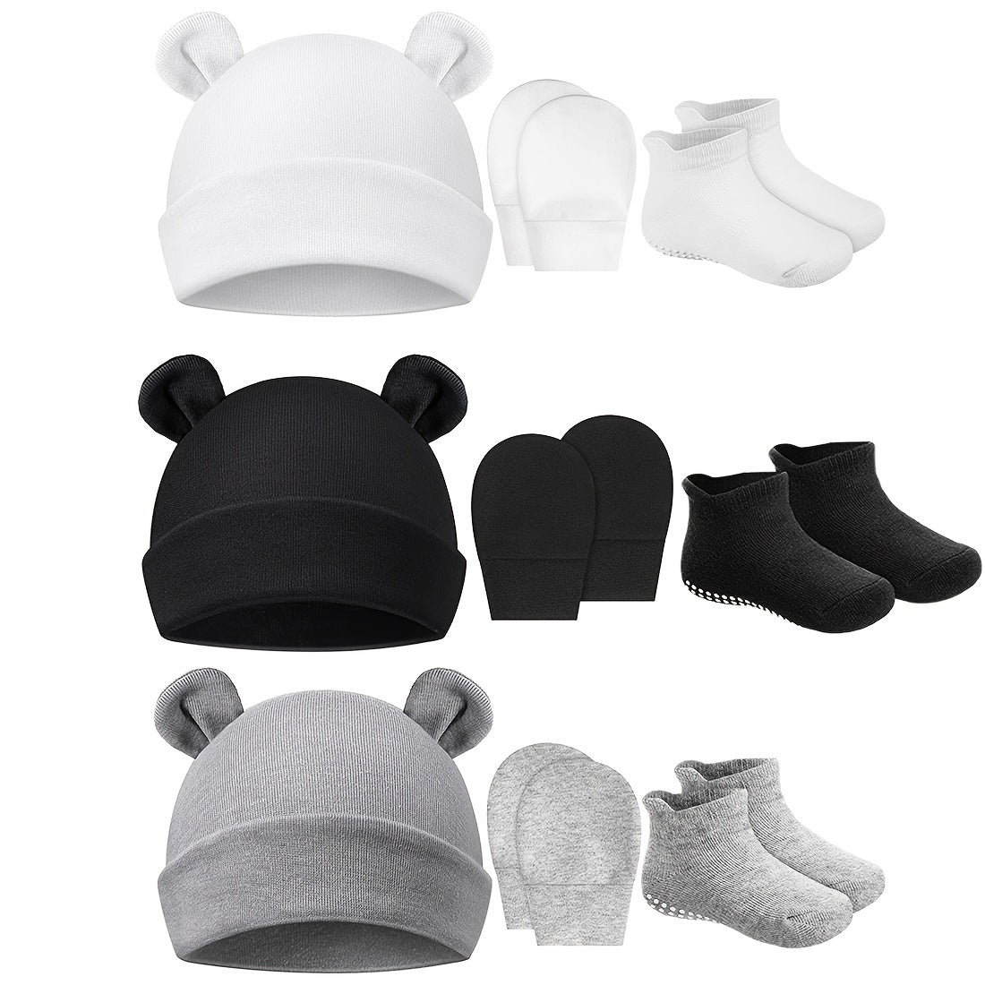 3 Piece Baby Outfit Set Ears Hat Mittens Non Slip Socks Soft Cotton Material
