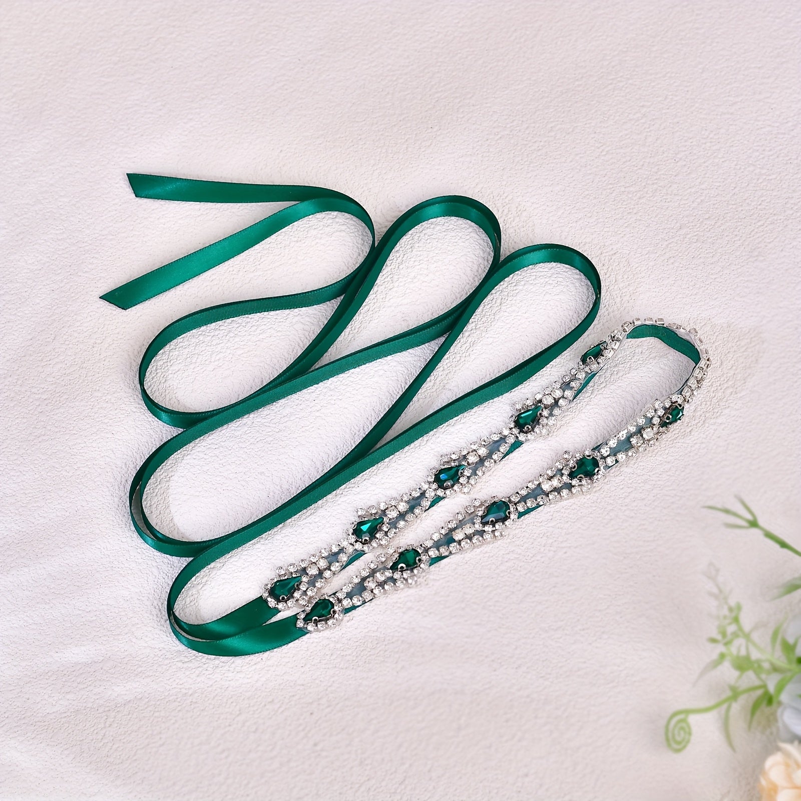 Green Satin Sash with Rhinestone Belt for Bridal Waist Accessory