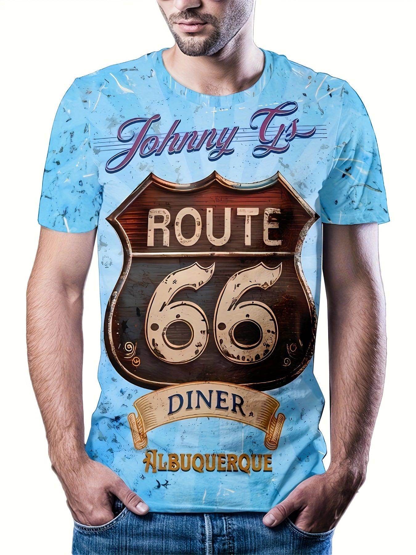 Retro 66 Print Tee Shirt Men's Casual Street Style Stretch Round Neck Tee