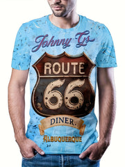 Retro 66 Print Tee Shirt Men's Casual Street Style Stretch Round Neck Tee