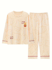 Bear Print Pajama Set Long Sleeve Crew Neck Top & Pants Women's Sleepwear