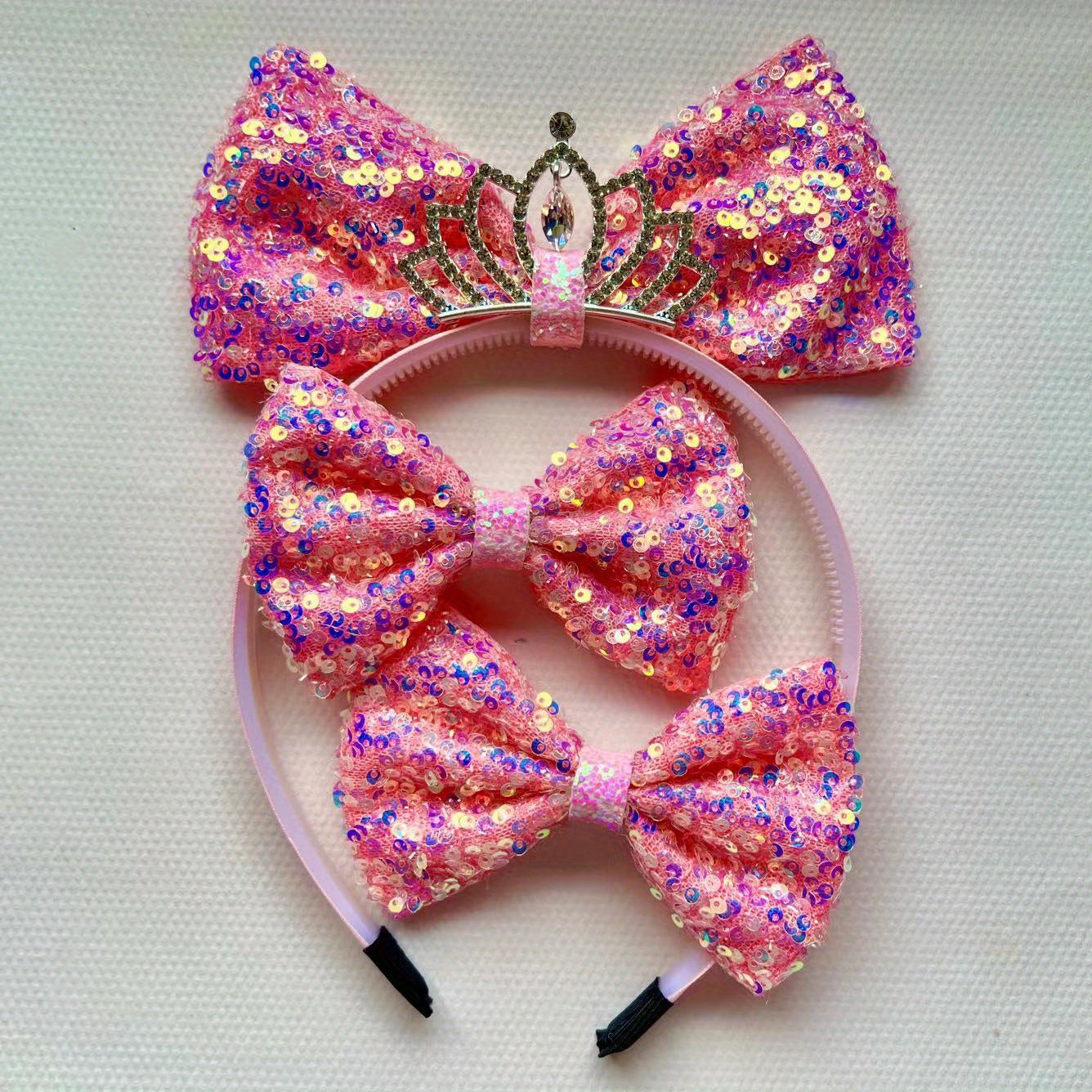 Sequin Bow Crown Hair Hoop & Hair Clips for Girls