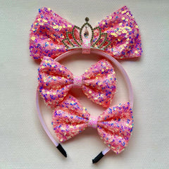 Sequin Bow Crown Hair Hoop & Hair Clips for Girls