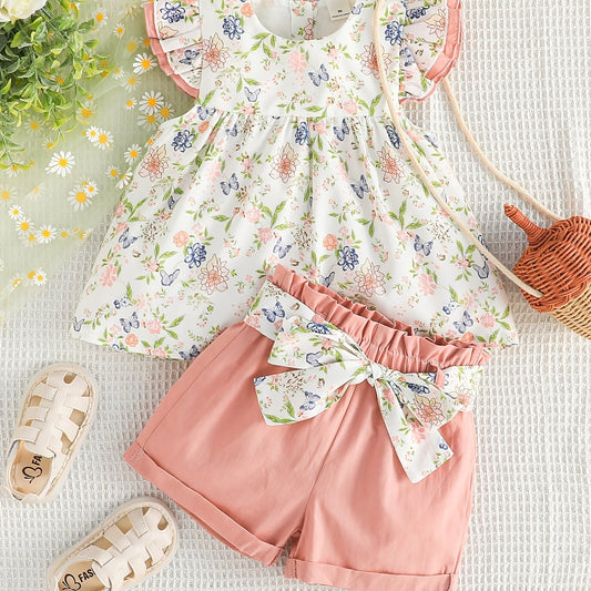 Girls Ruffled Sleeves Floral Blouse Top & Shorts Set