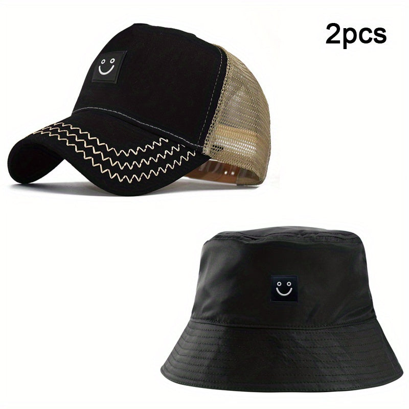 2pcs Smiling Face Patch Baseball Cap & Bucket Hat Set