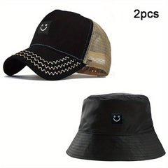 2pcs Smiling Face Patch Baseball Cap & Bucket Hat Set